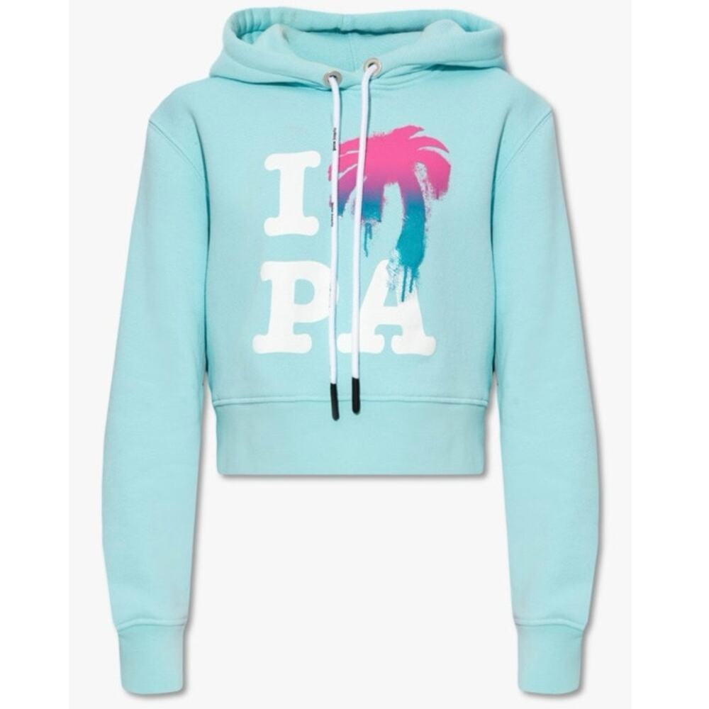 Palm Angels I ❤️ PA Aqua Blue Crop Hoodie Pink Palm Tree Graphic Pullover XS
